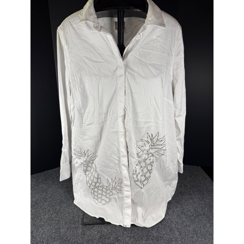 Chicos White Silver Metallic Pineapple Button Down Shirt Long Sleeve Size 3 XL